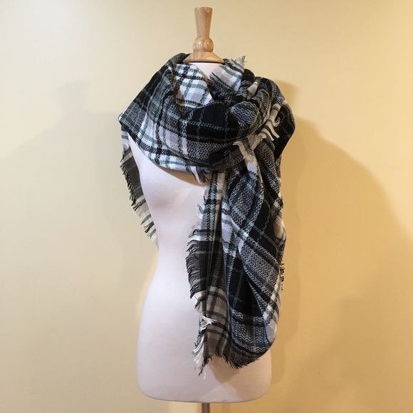 Black Grey and Green Ultra Plush Plaid Blanket Scarf - Picture 2 of 6
